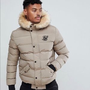 BRAND NEW SikSilk Beige Puffer Jacket w/Fur Hood